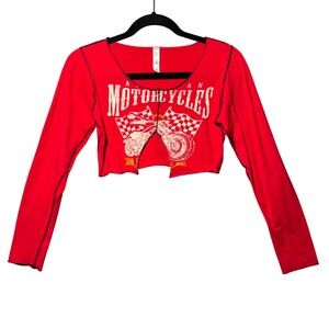 Y2K Red Motorcycles Graphic Long Sleeve Crop Top S Exposed Stitching Biker